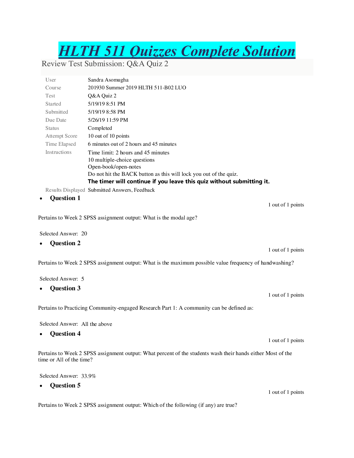 Preview of HLTH 511 Quizzes Complete Solution